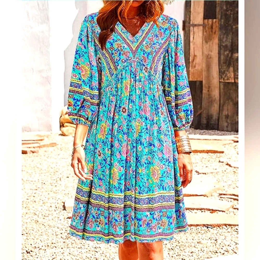 BOHEMIAN STYLE BABYDOLL Yellow & Blue Tiered Mini Dress with V-Neck NWOT SIZE S - Picture 3 of 9